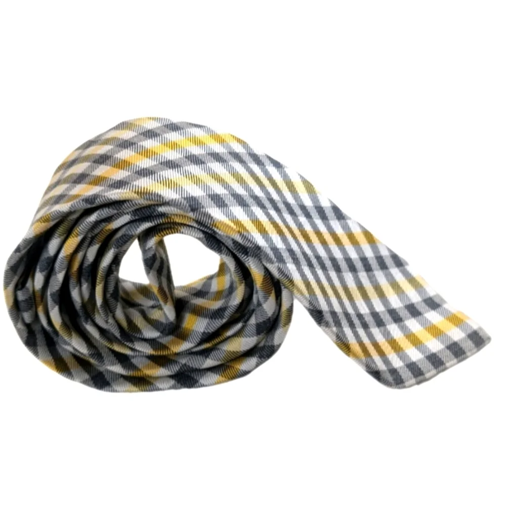 Express Men’s Skinny Plaid Tie Yellow Gray White Silk Blend